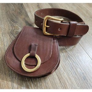 Handmade in USA Men's M Brown Leather Belt Saddle Pouch Gold Tone Buckle Western
